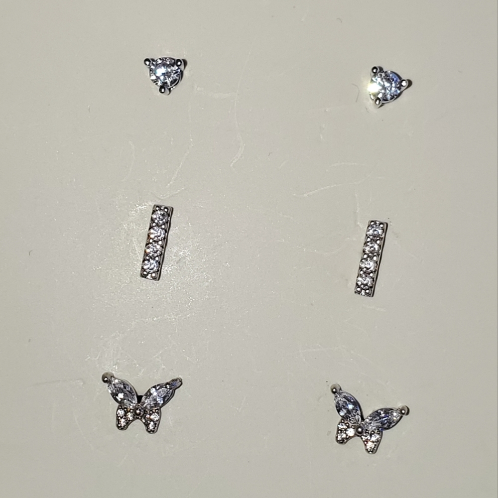 3 pairs: A New Day Sterling Silver and Cubic Zirconia Butterfly Studs Earrings